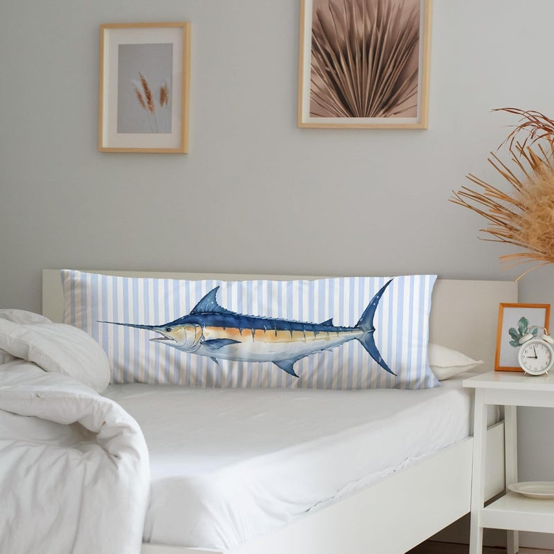 Exqcom Store Nautical Coastal Ocean Fish Body Pillow Covers 20x54, Coastal Room Decor, Preppy Beach Blue Striped Marlin Fish Long Body Pillow Case Cover with Hidden Zipper for Women Men Adults - Image 3